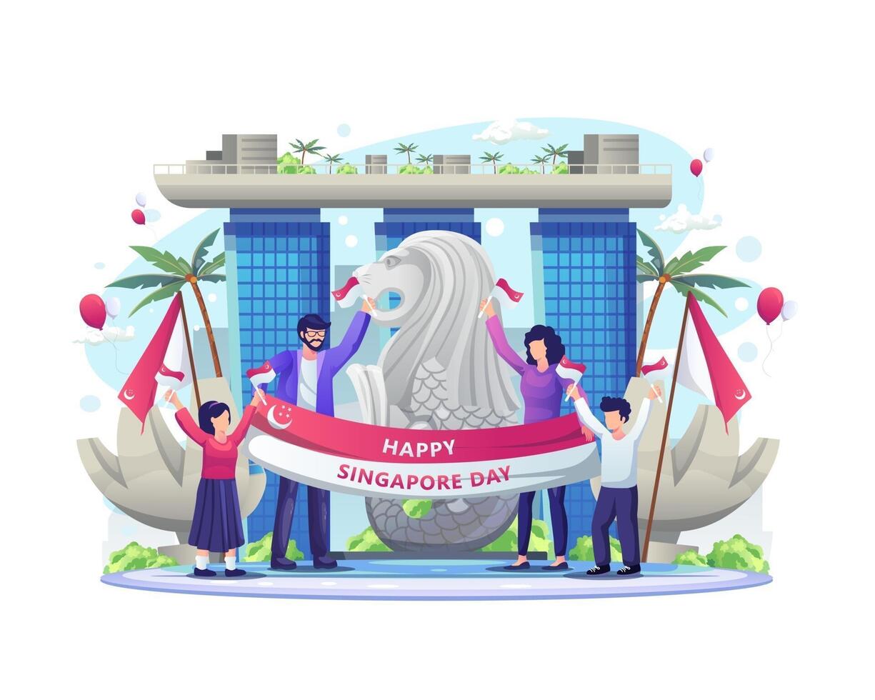 la gente feliz celebra el día de la independencia de singapur el 9 de agosto. ilustración vectorial vector