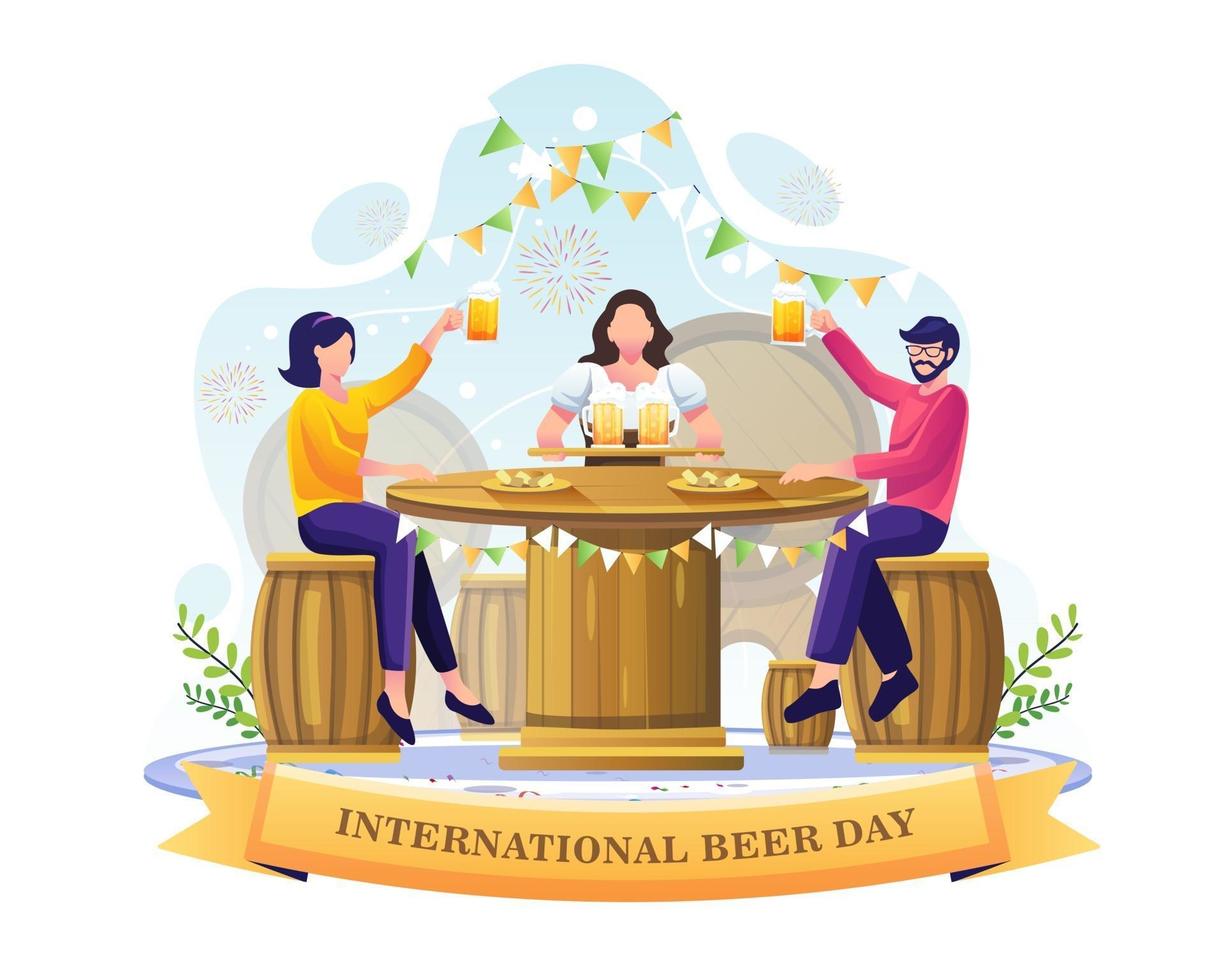 People drinking beer in a bar to celebrate International Beer day. vector illustration