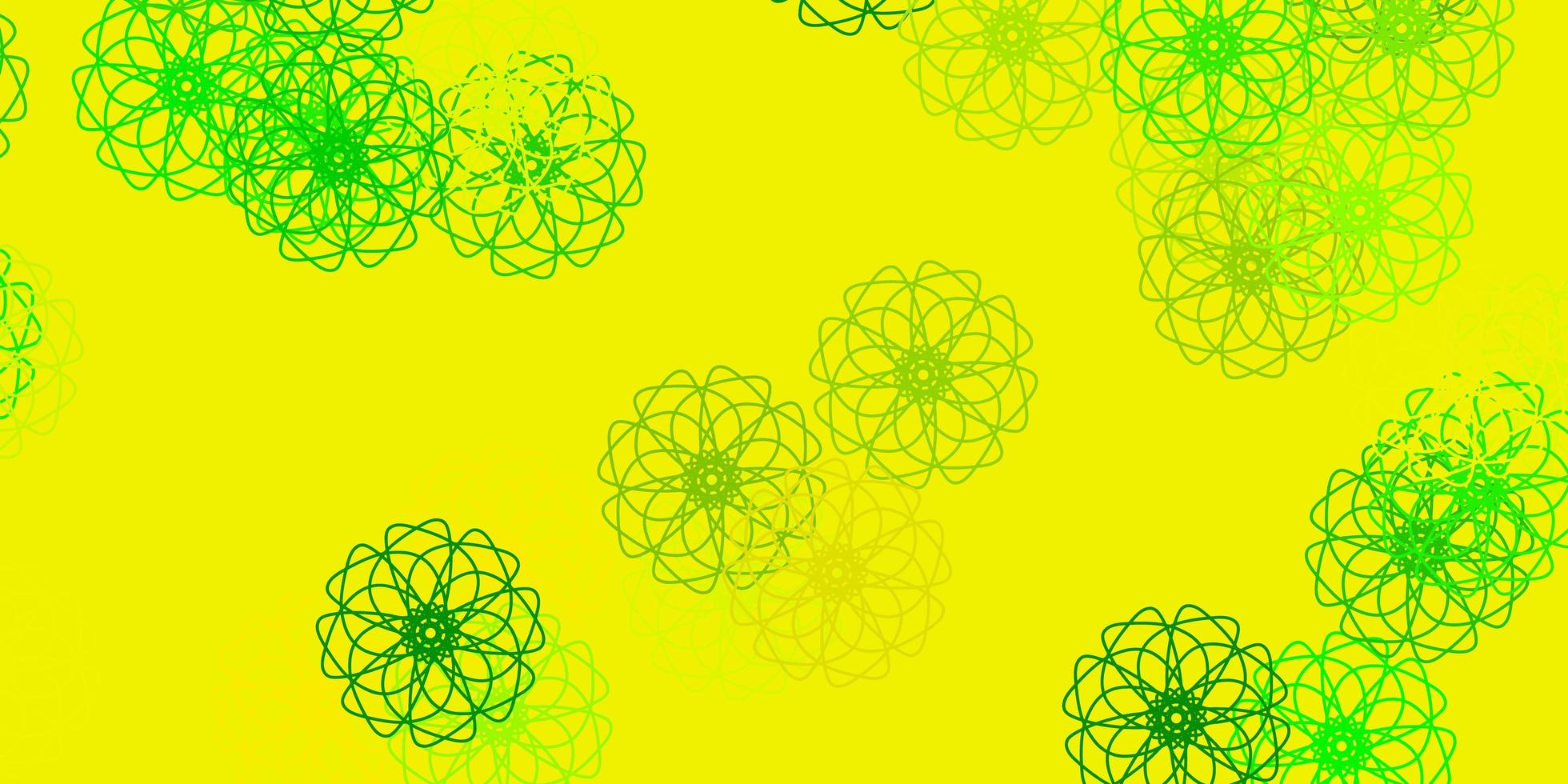 plantilla de doodle de vector verde claro, amarillo con flores.