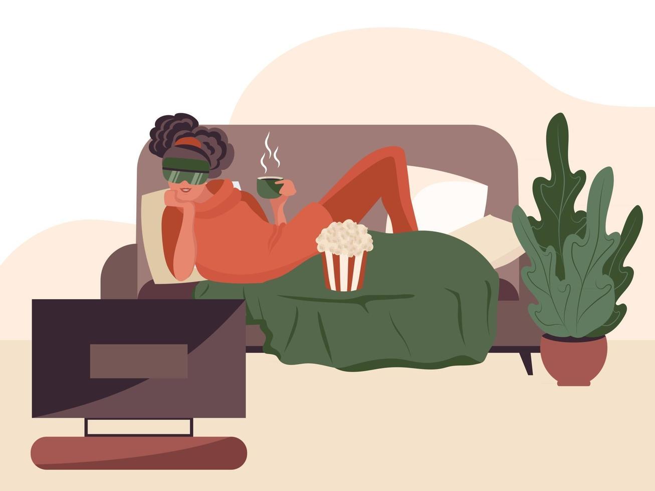 una mujer mira una película en casa con gafas de realidad aumentada. Ilustración de vector de concepto de realidad virtual