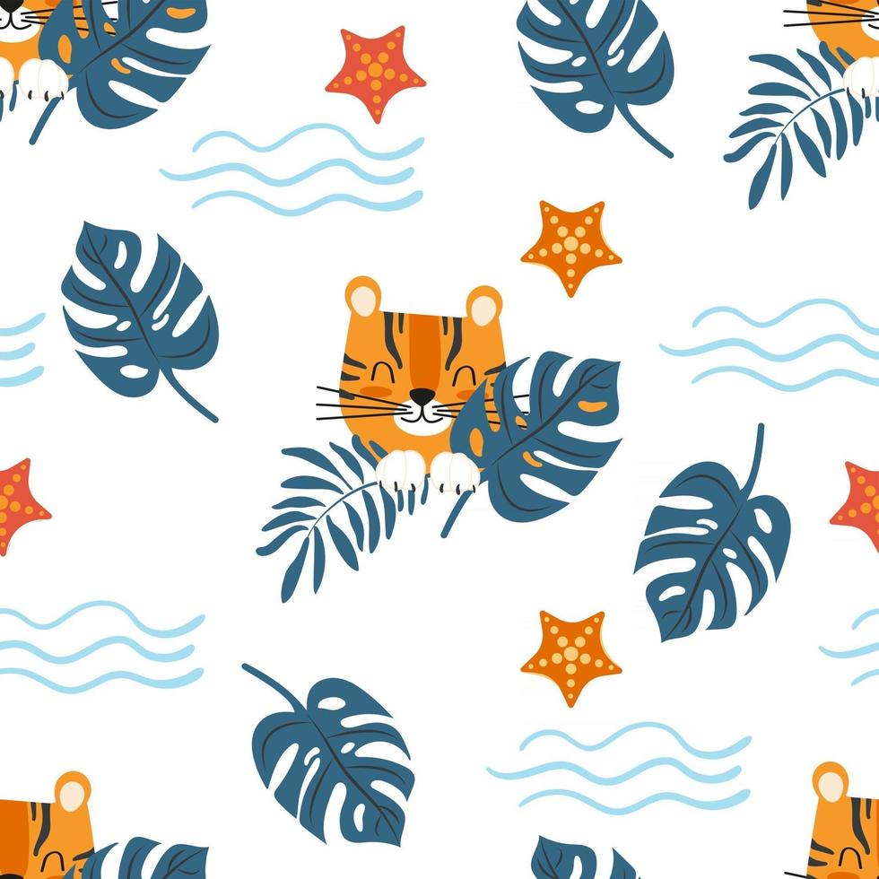 Seamless sea pattern cute cartoon character tiger among exotic foliage. Children's vector illustration.