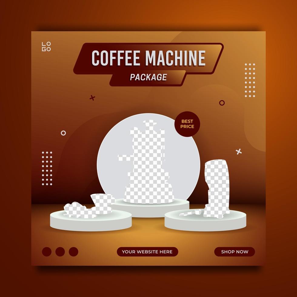 Coffee machine package promotion social media post banner template, sale and discount background, vector illustration.