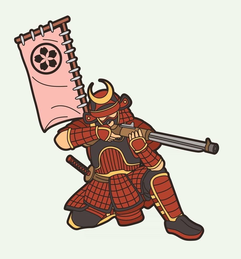 Guerrero samurai con vector gráfico de acción de pistola