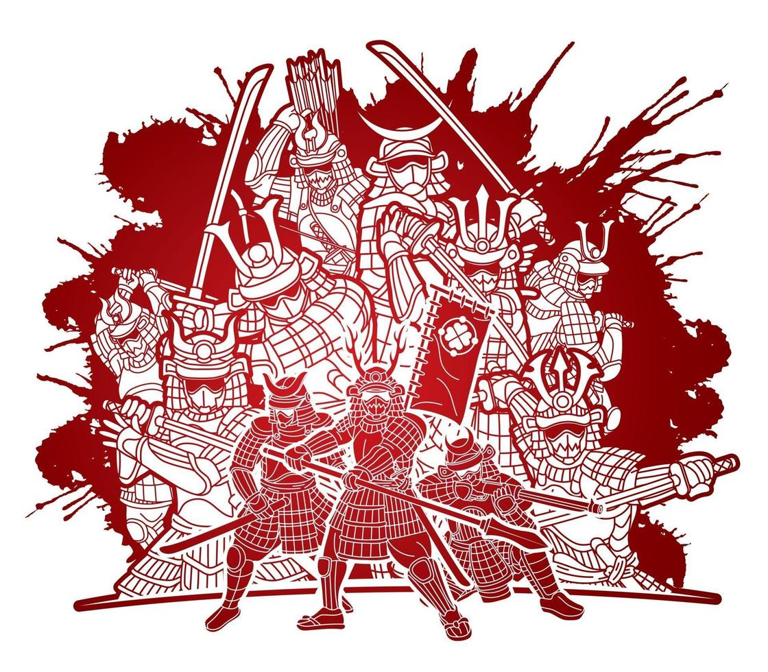 Group of Samurai Warrior with Weapons Action Graffiti vector