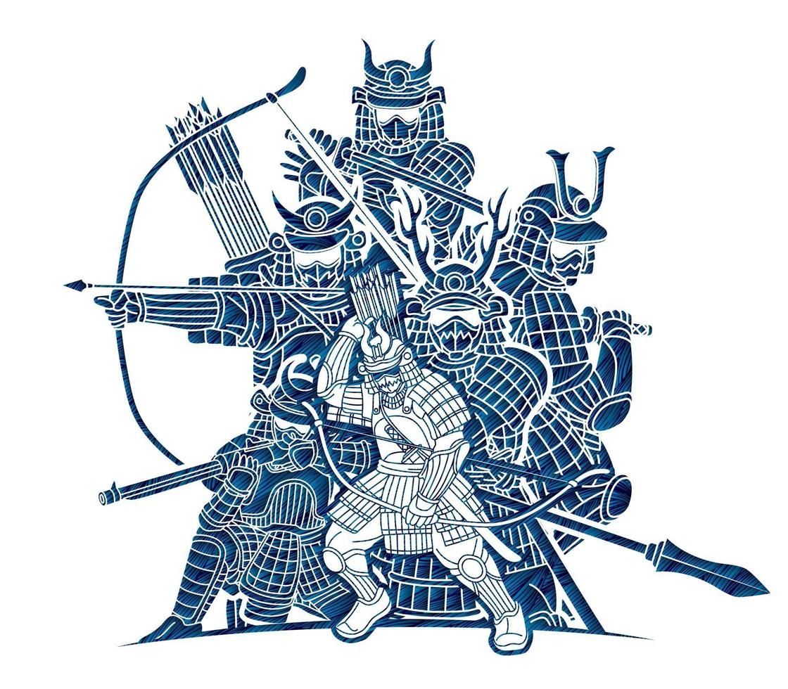 silueta, grupo, de, samurai, guerrero, con, armas, acción vector