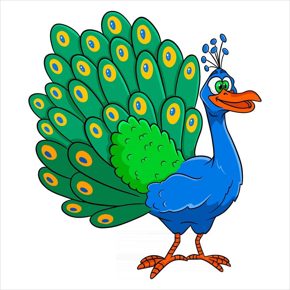 carácter animal pavo real divertido en estilo de dibujos animados vector