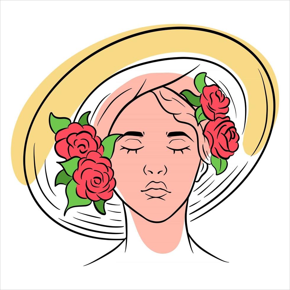 Girl in a hat abstraction. Girl with roses on a headdress. Line style. vector