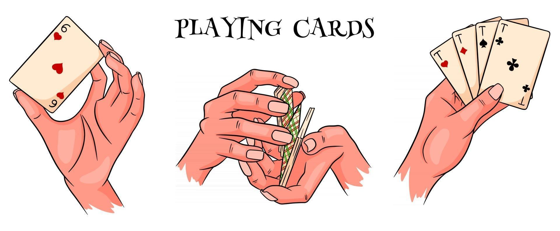 Gambling. Playing cards in hand. Casino, fortune, luck. Big set. Cartoon style. vector