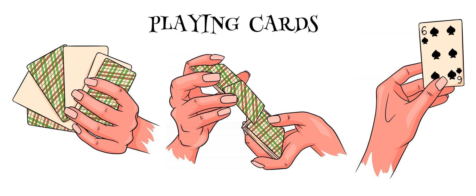 Gambling. Playing cards in hand. Casino, fortune, luck. Big set. Cartoon style. vector