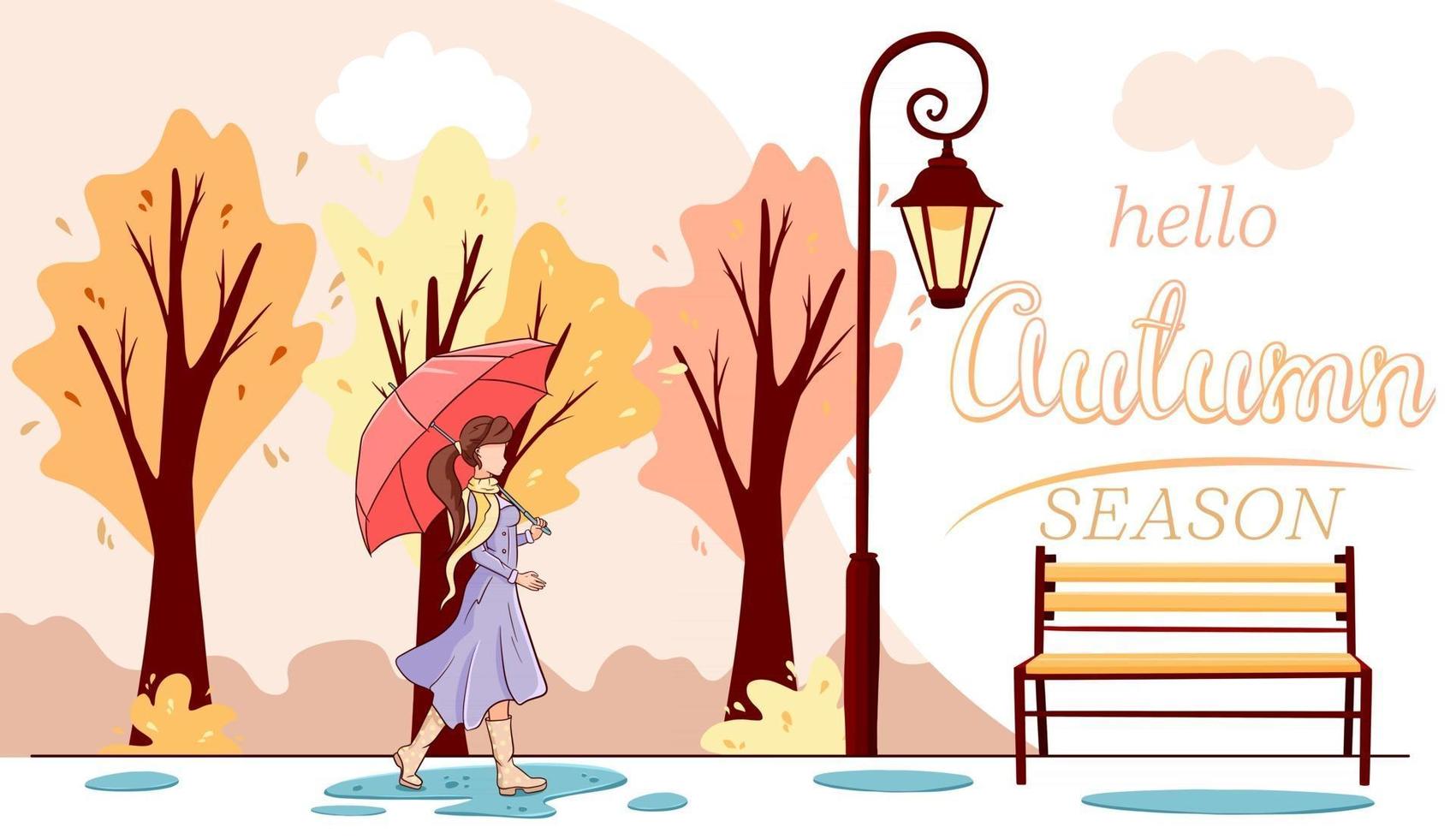 hola banner de otoño. una niña con un paraguas camina por el parque de otoño. vector