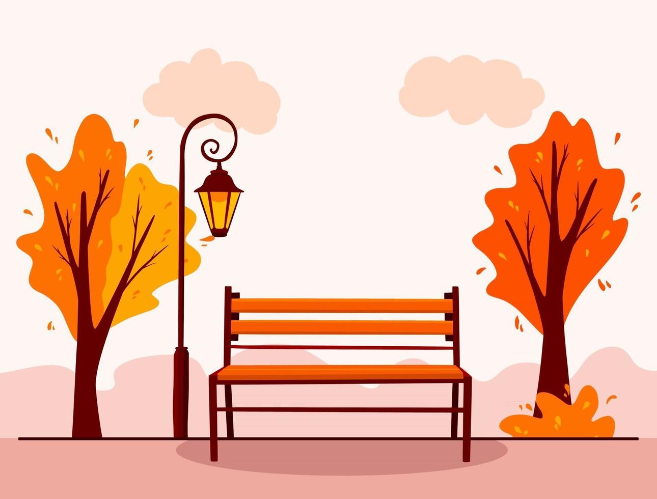 Autumn landscape. Background. City Park. Park bench, lantern. vector