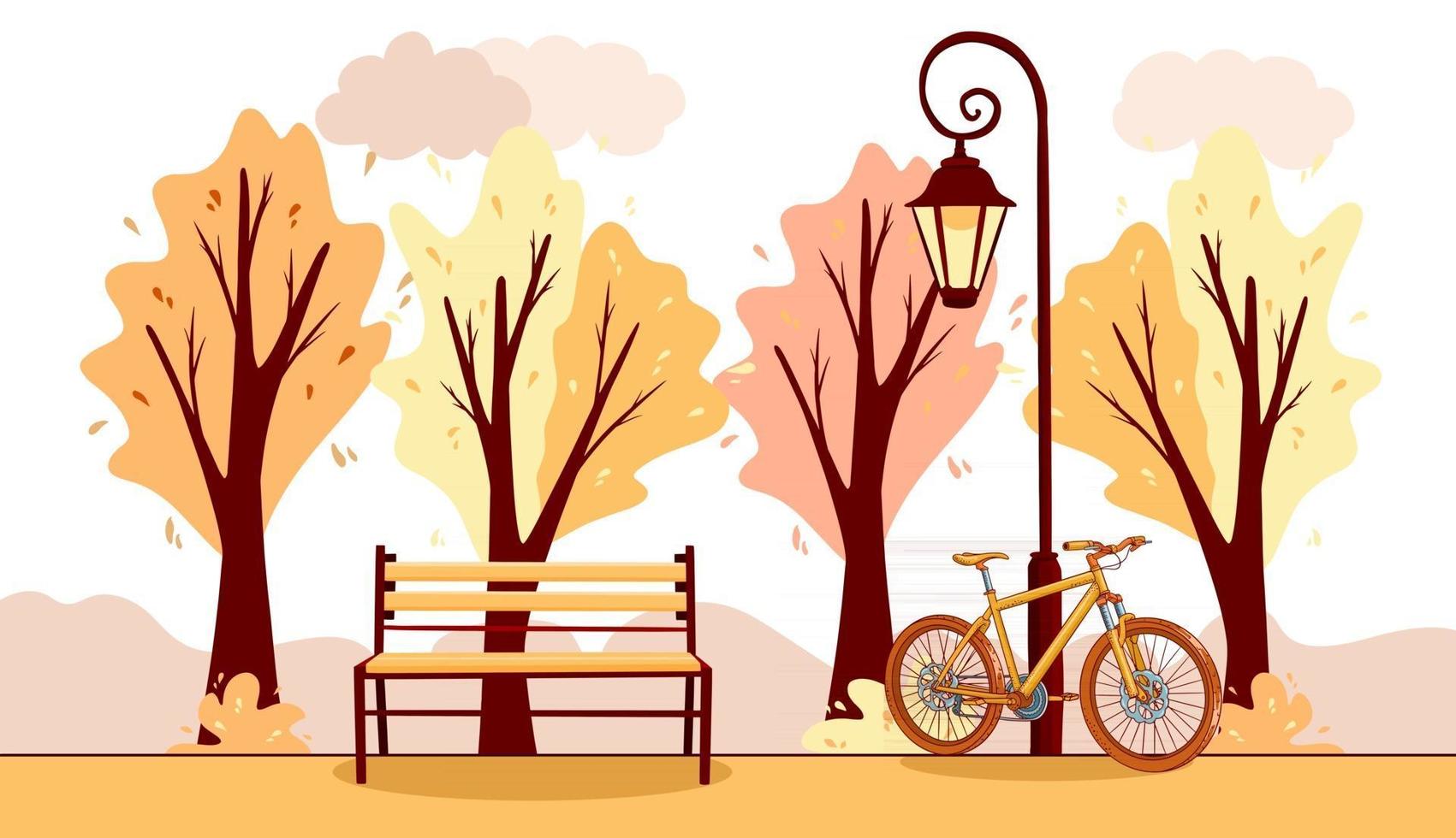 Autumn landscape. Background. City Park. Park bench, lantern, bike. vector