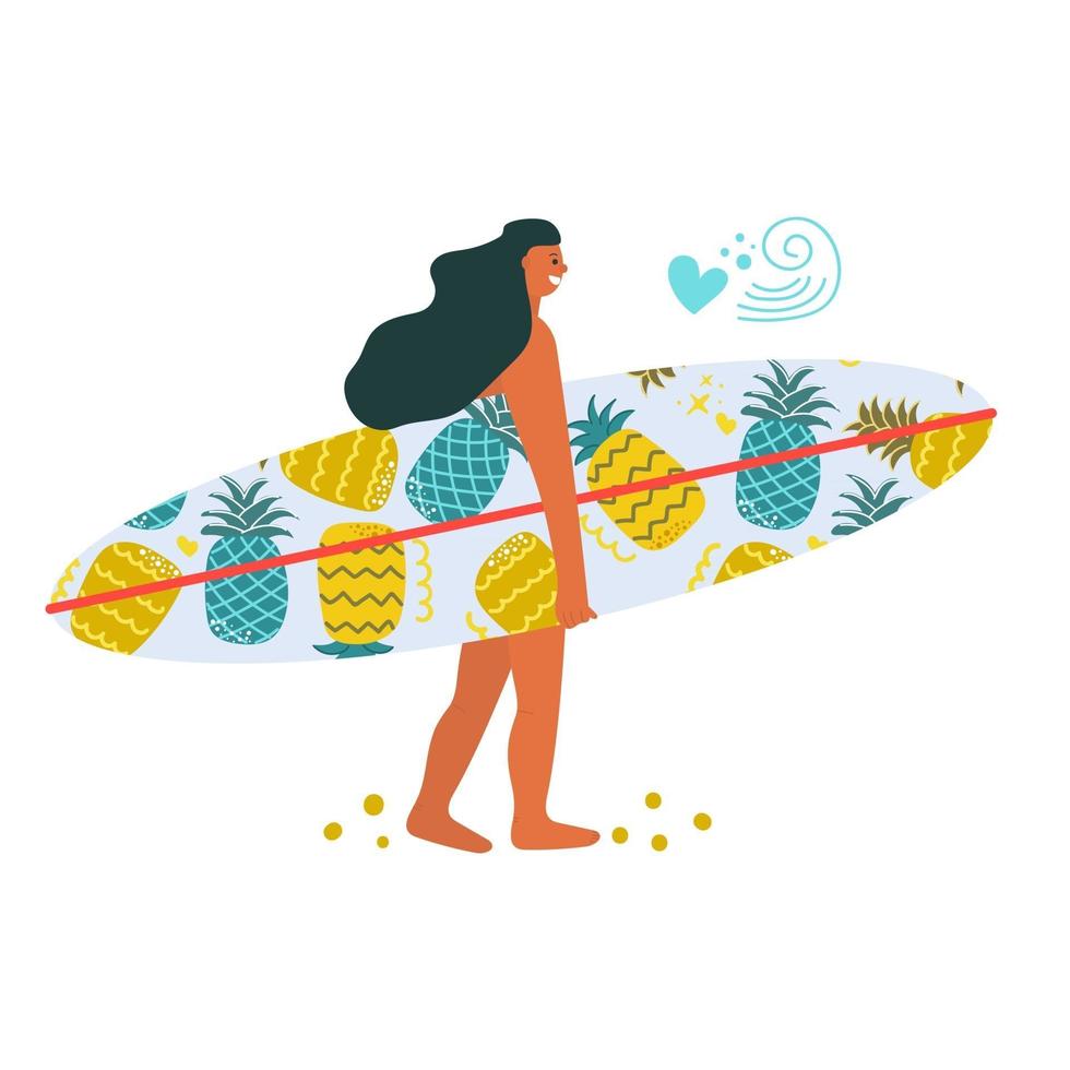 Girl go swimming and hold surfboard. Summer concept. vector