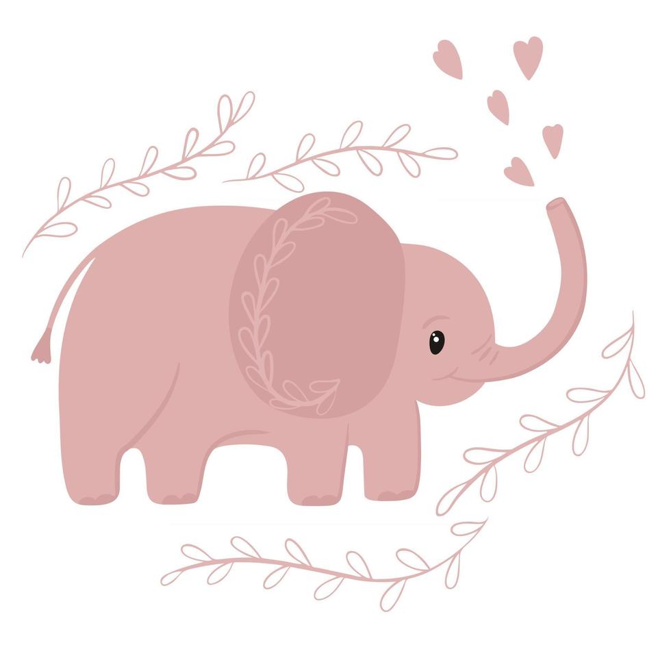 lindo elefante rosa libera corazones de su trompa vector ilustración infantil