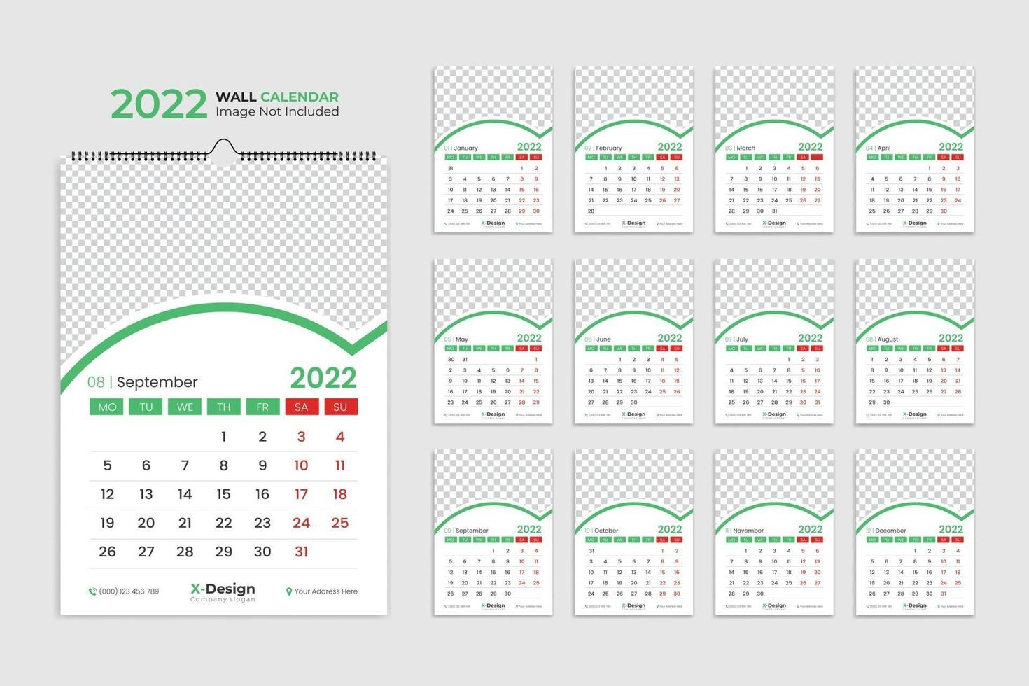 Diseño de plantilla de calendario de pared para 2022, planificador anual con todos los meses. vector