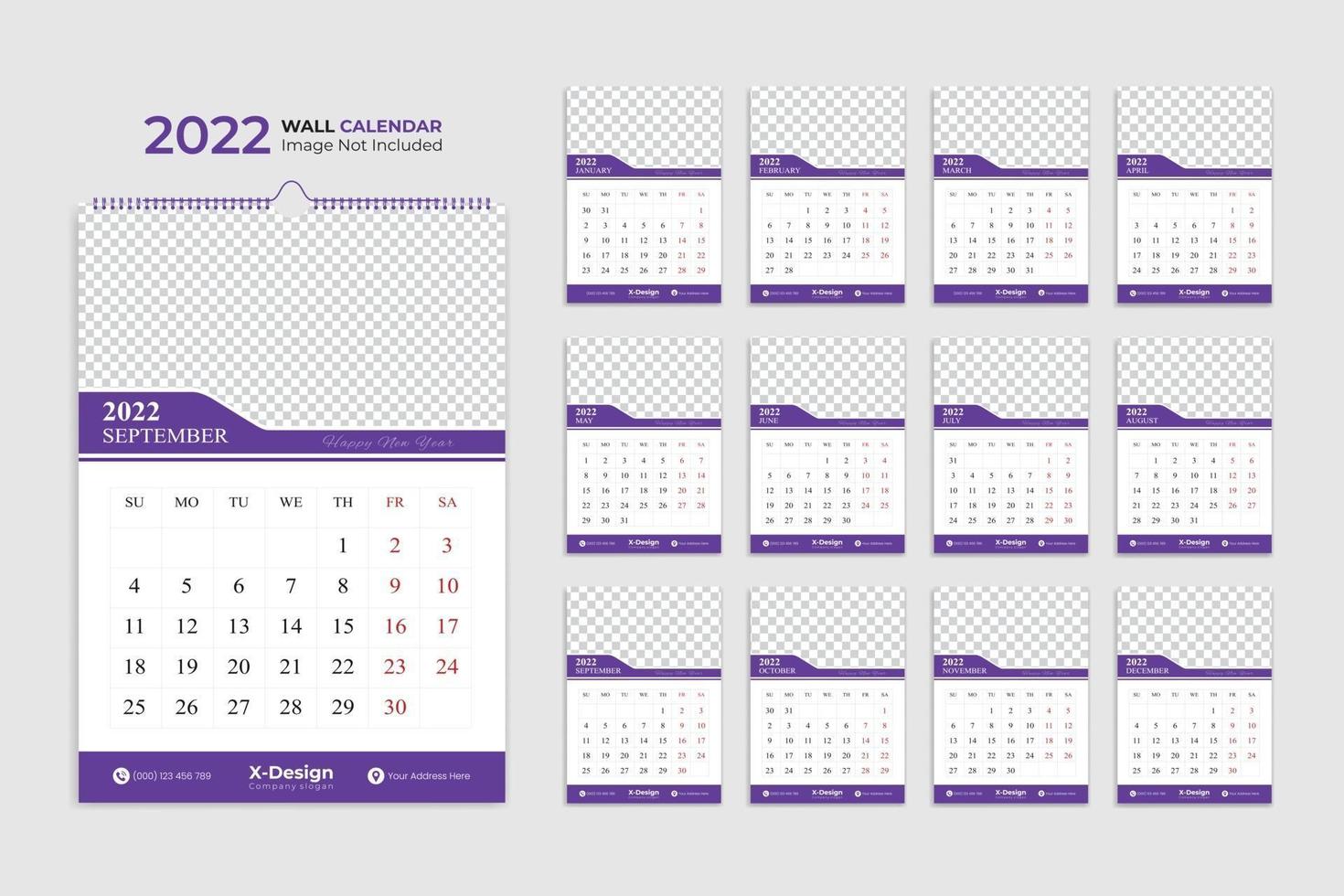 2022 plantilla de diseño de calendario de pared moderno, planificador de fechas, planificador anual, calendario de eventos vector