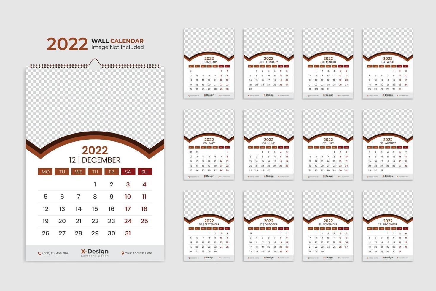 Plantilla de calendario de pared 2022, planificador de horario comercial anual, calendario de eventos, calendario de escritorio vector