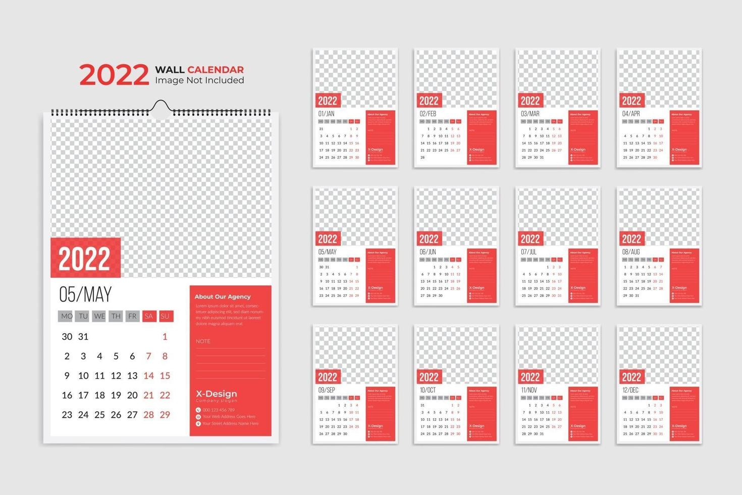 Plantilla de calendario de pared 2022, planificador de horario comercial anual, calendario de eventos, calendario de escritorio vector