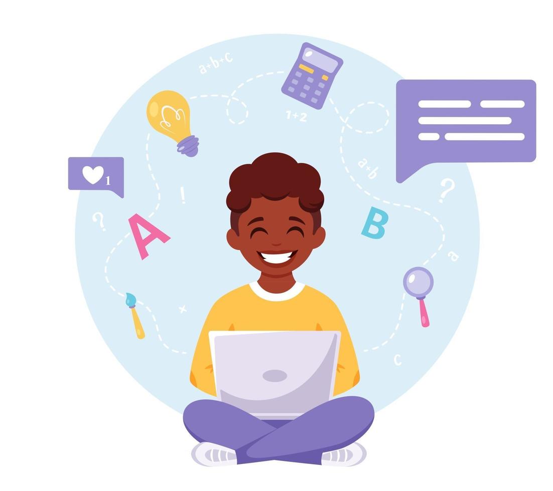 African american boy studying with computer. Online learning, back to school concept. vector