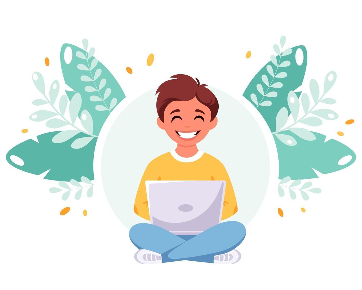 Boy studying with computer. Online learning, back to school concept. vector