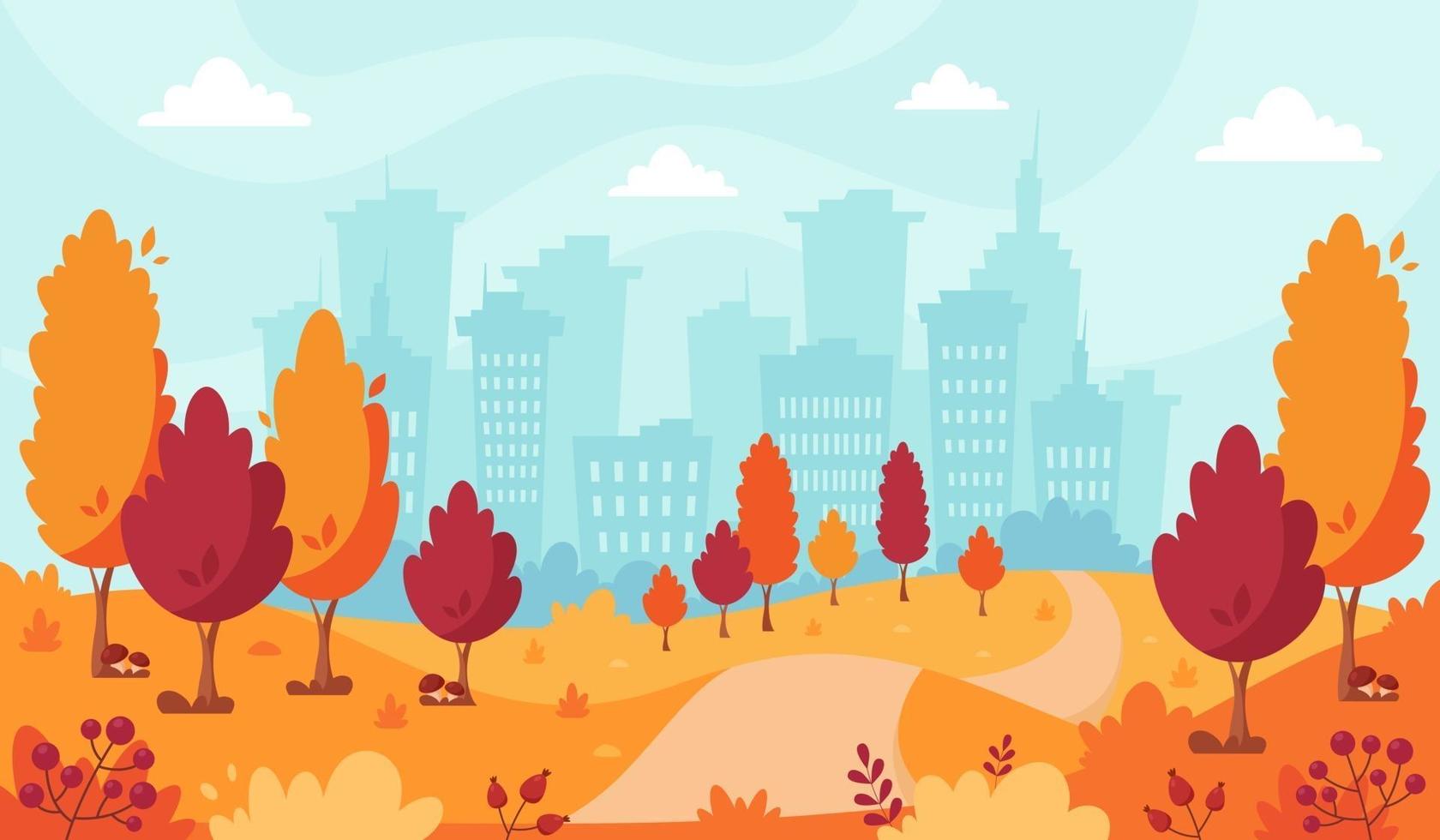 Parque de otoño en el fondo de la ciudad. paisaje de otoño. vector