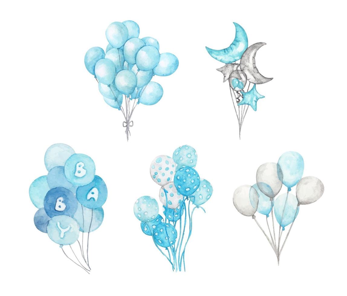 Set of Blue balloons. Watercolor illustration. vector