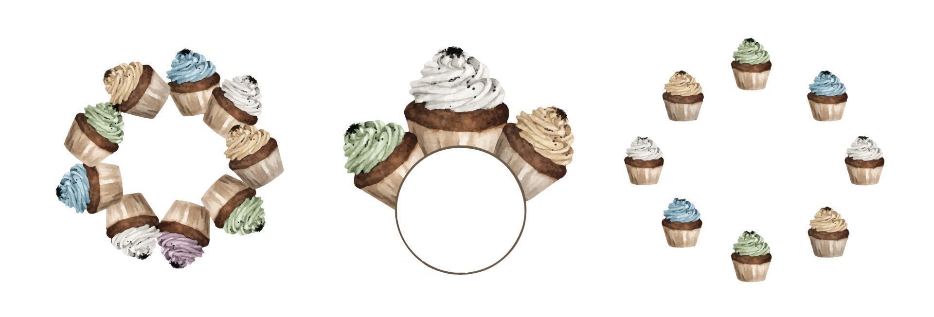 Set of Colorful cupcakes design round frame. Watercolor illustrations. vector
