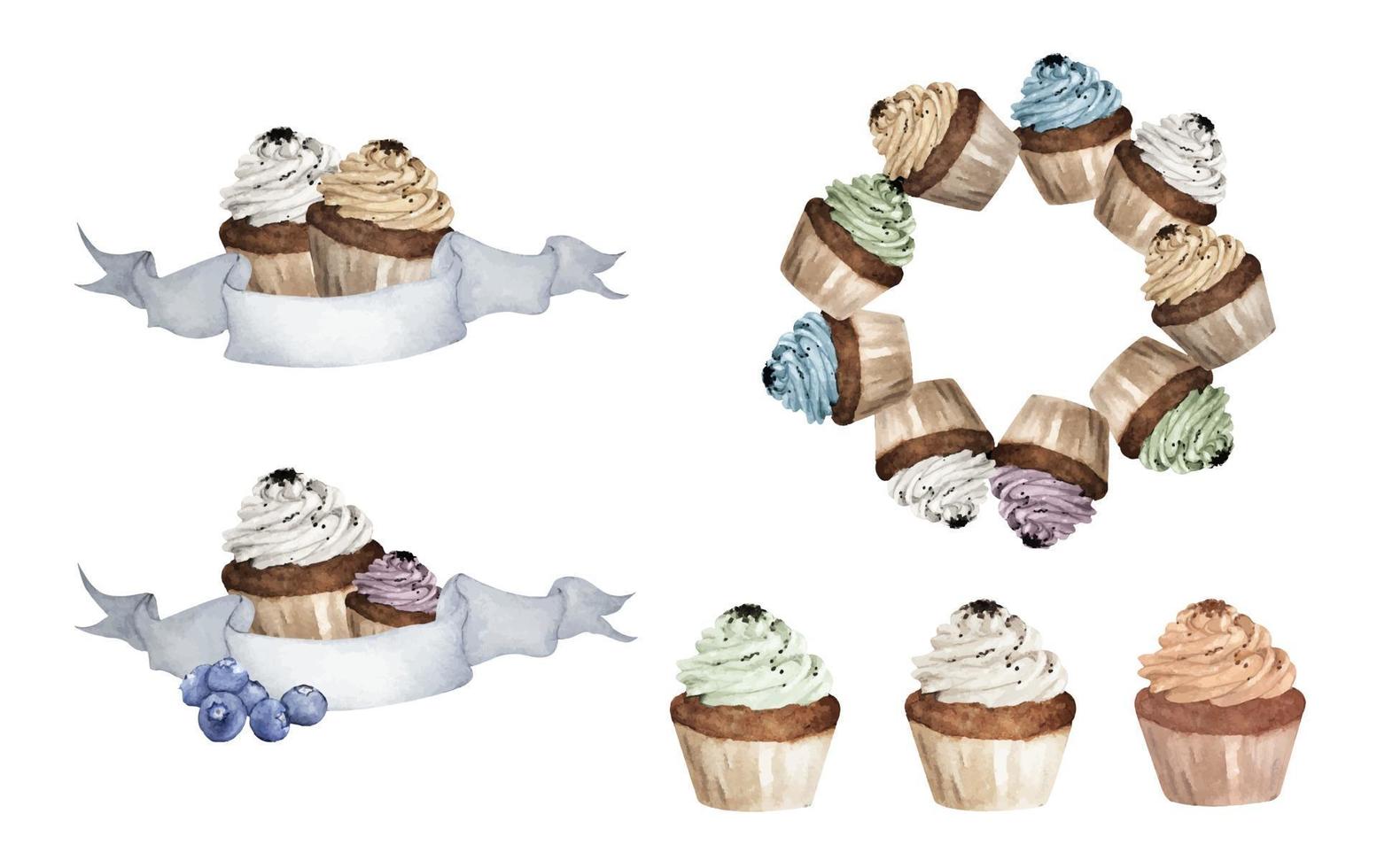 Set of Colorful cupcakes. Watercolor illustrations. vector