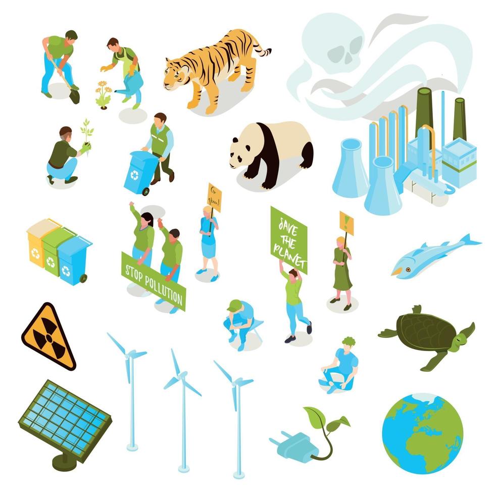 Isometric Ecology Pollution Icon Set Vector Illustration