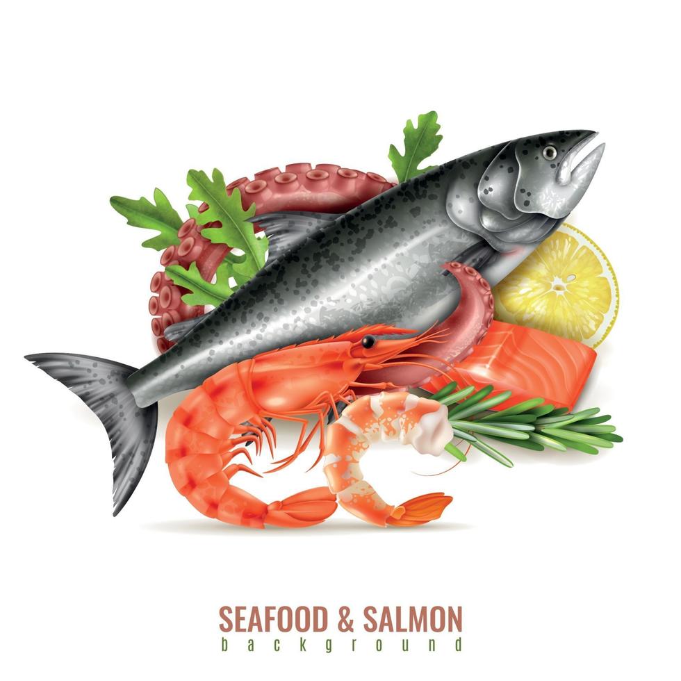 Ilustración de vector de composición realista de salmón de mariscos