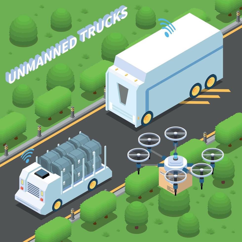 Unmanned Trucks Isometric Composition Vector Illustration