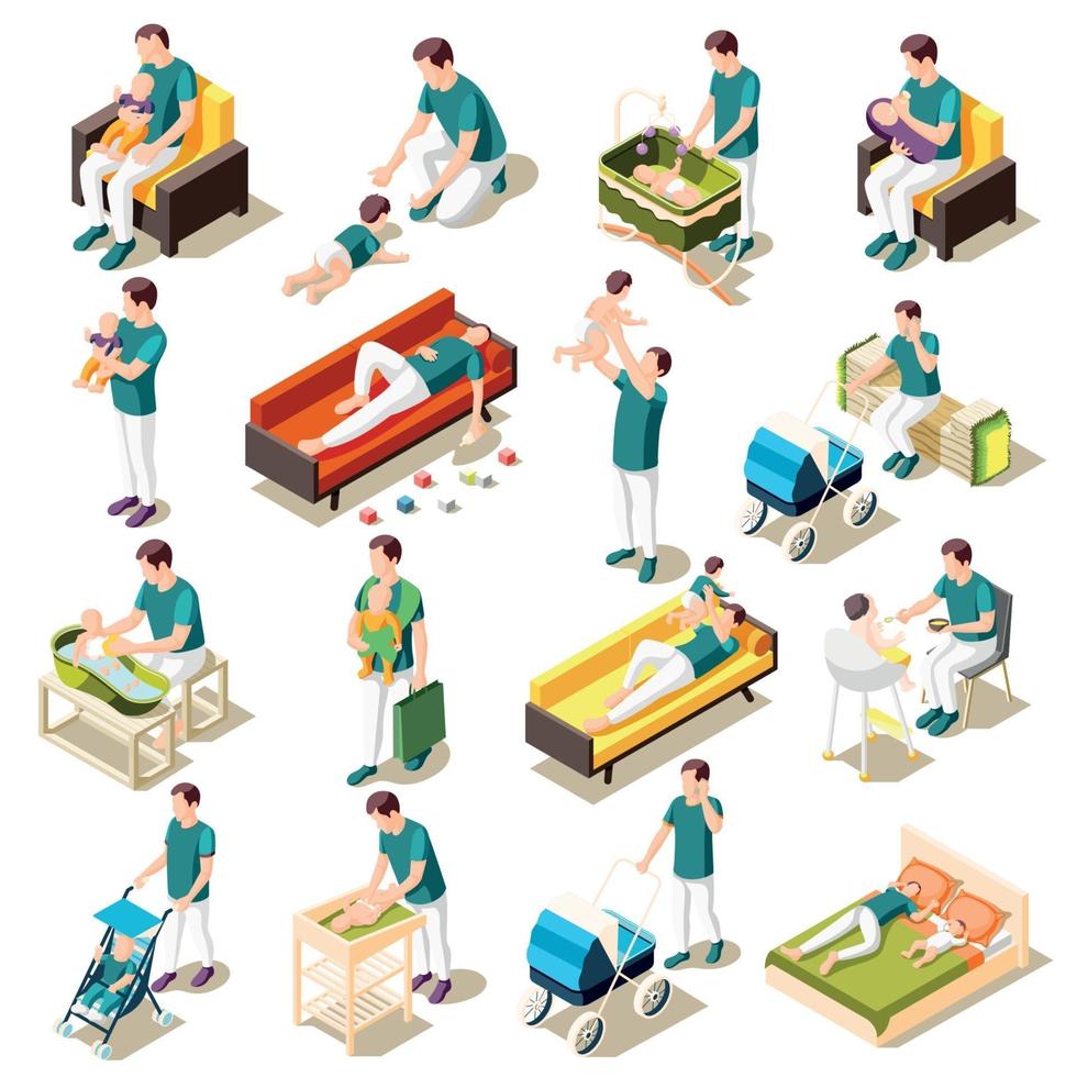 Fathers On Maternity Leave Isometric Set Vector Illustration