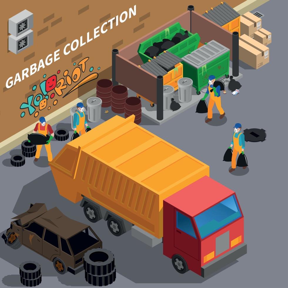 Garbage Collecting Truck Composition Vector Illustration