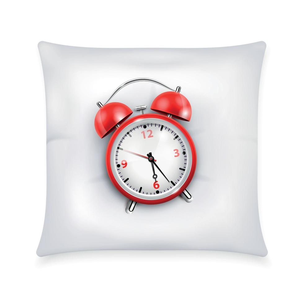 Red Retro Alarm Clock On White Pillow Vector Illustration