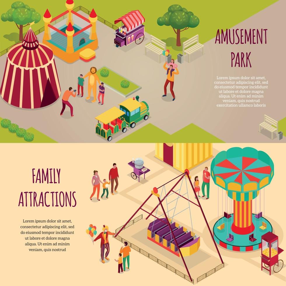 Amusement Park Isometric Banners Vector Illustration