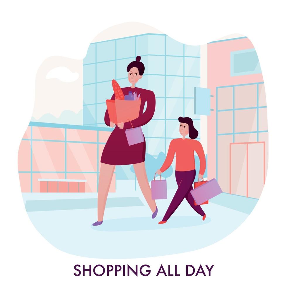 Mother With Daughter Shopping Illustration Vector Illustration