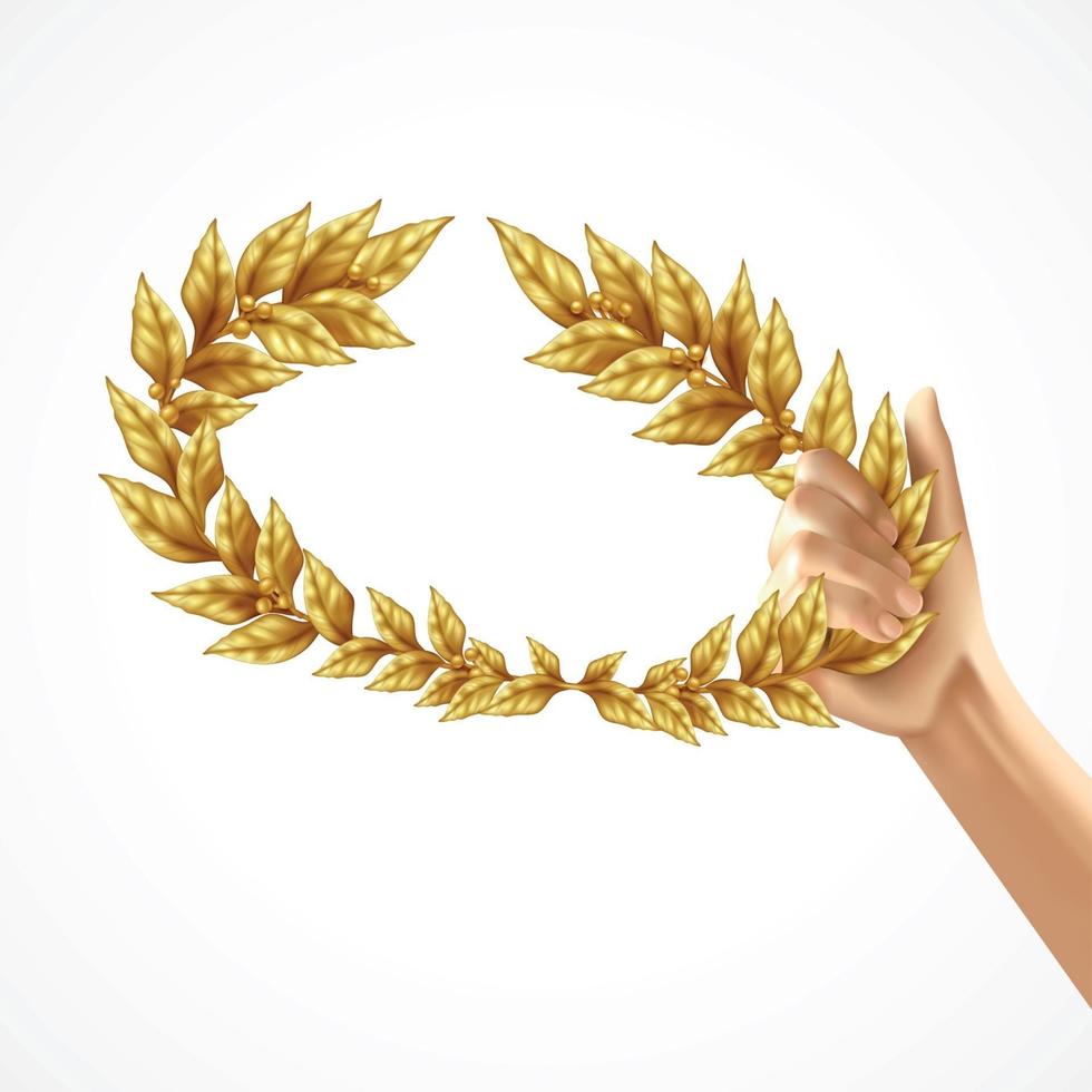 Corona de laurel dorado en la ilustración de vector de mano humana