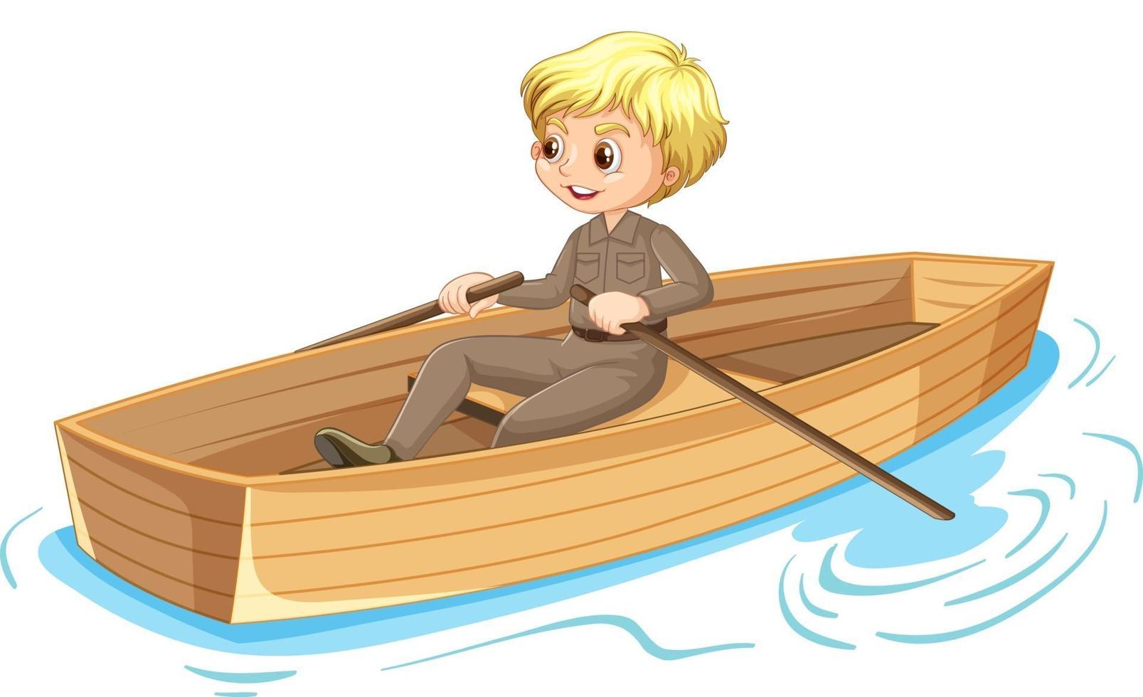 Boy cartoon character rowing the boat isolated vector