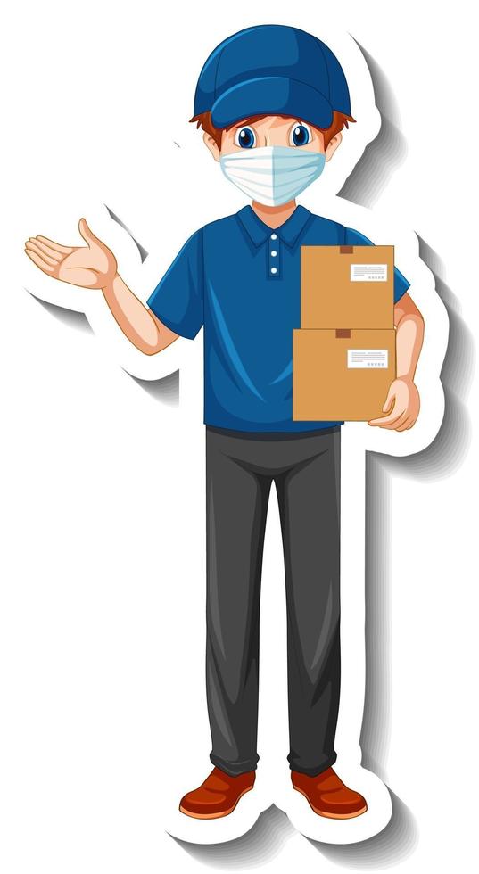 A sticker template with delivery man in uniform holding boxes vector