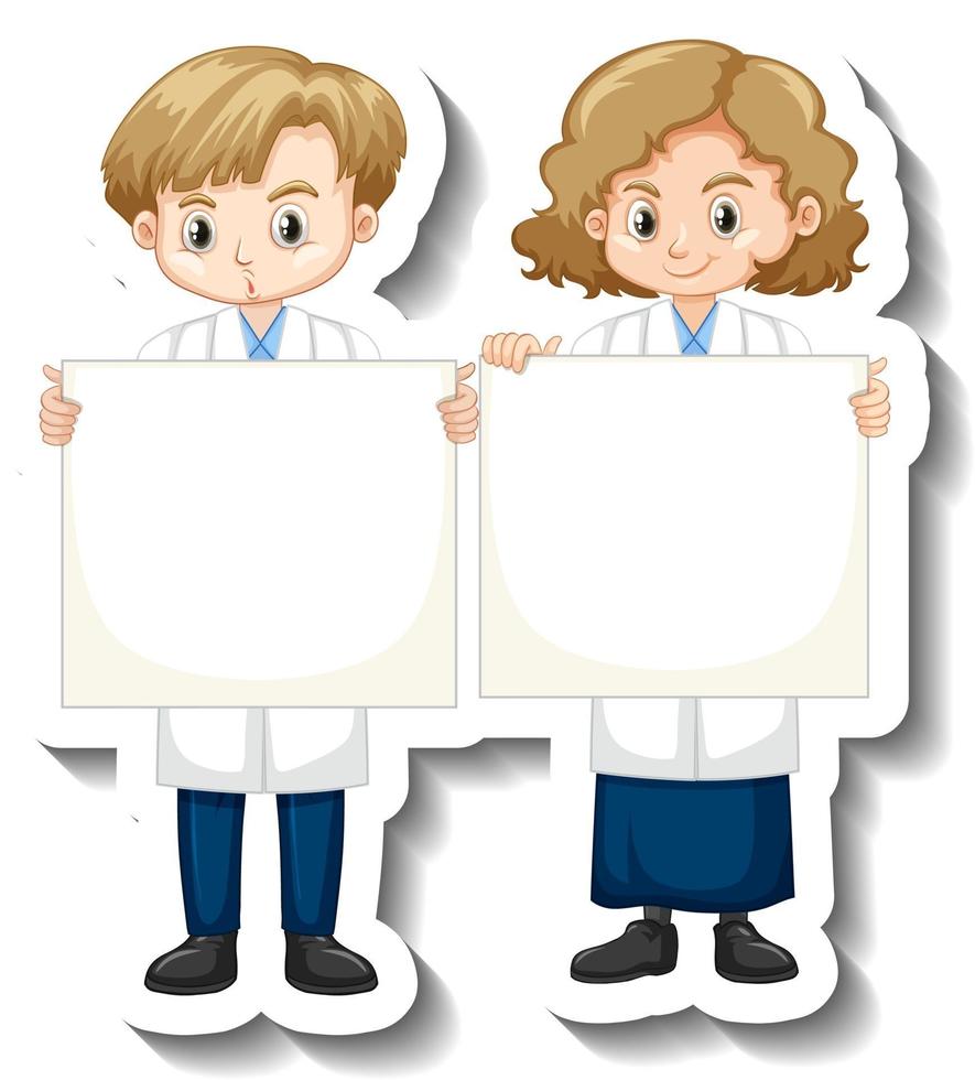 Cartoon character sticker with scientist kids holding empty board vector