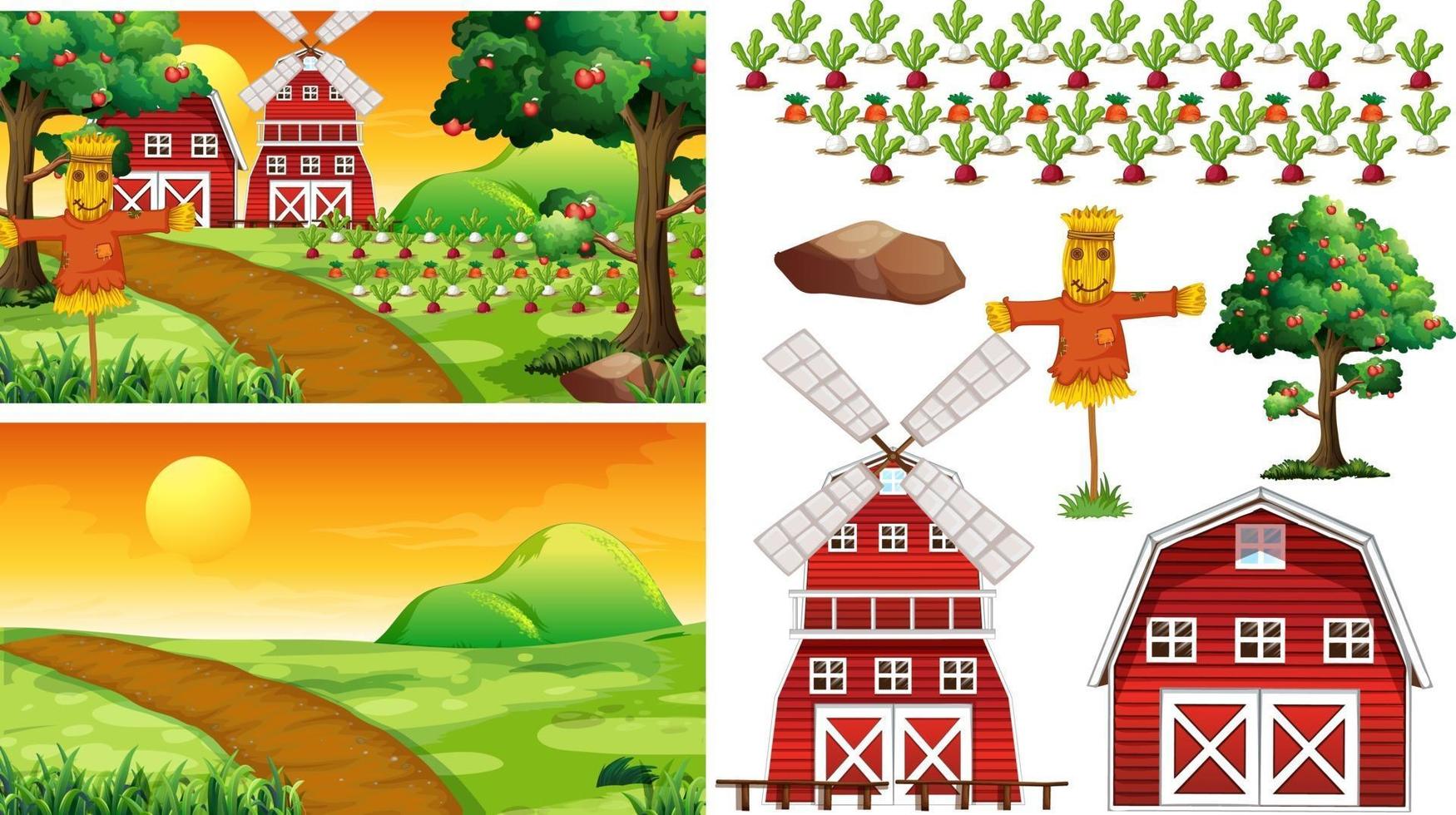 Farm element set isolated with farm scence vector