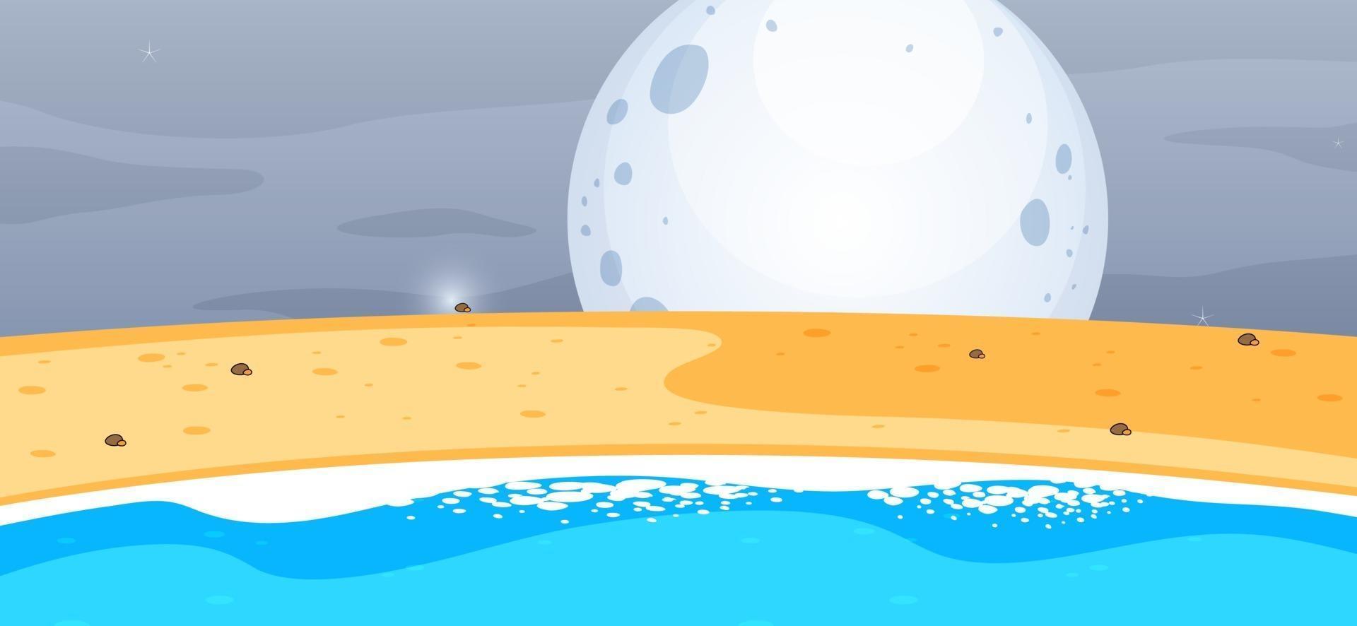 Empty beach scene at night with the big moon in simple style vector