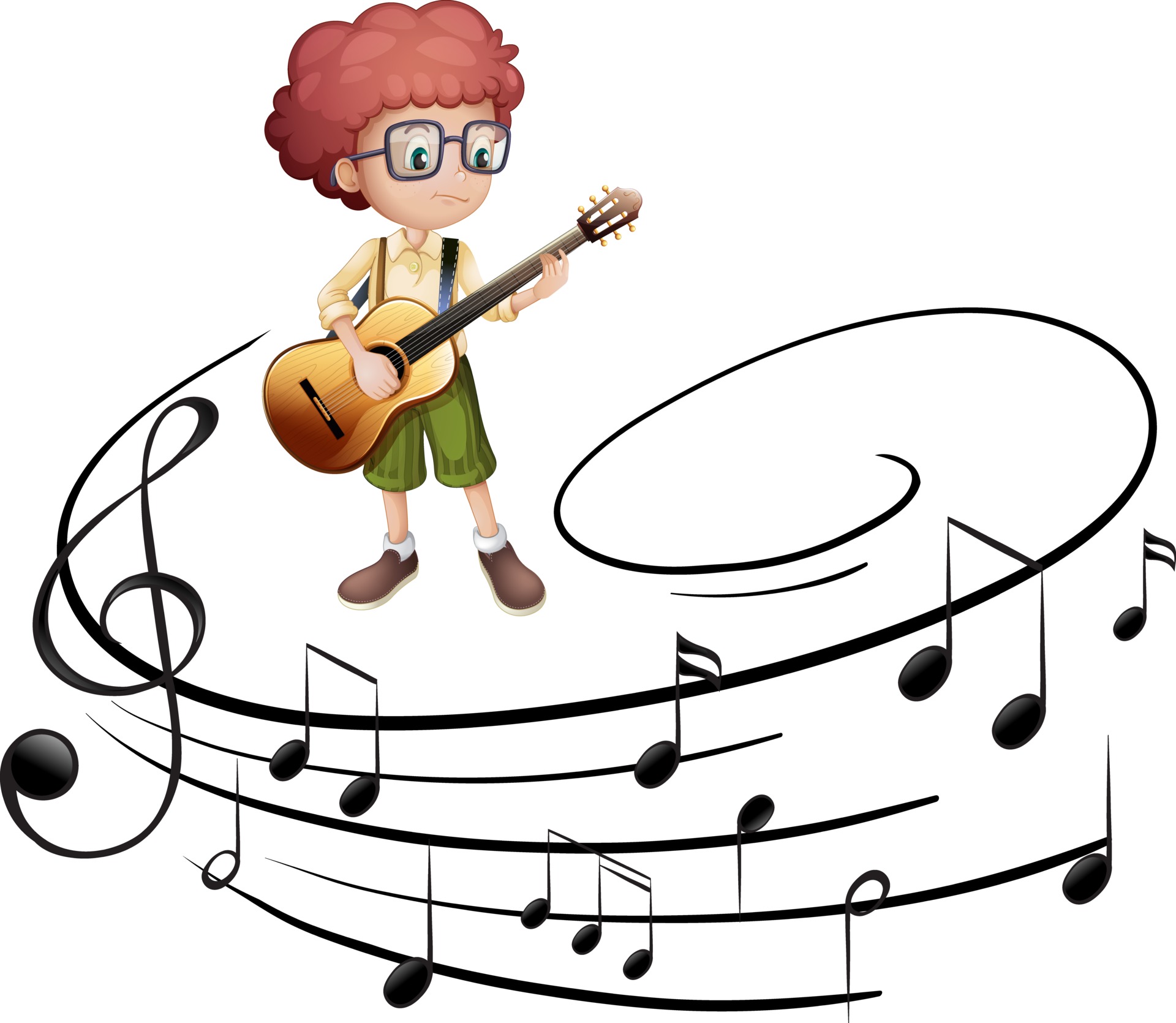 Cartoon character of a boy playing guitar with melody symbols 2938973  Vector Art at Vecteezy