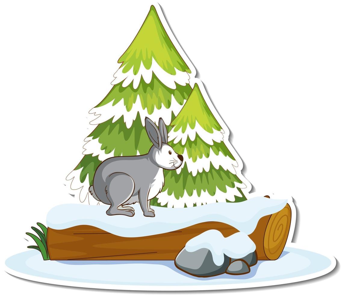 A hare with pine tree covered with snow sticker vector