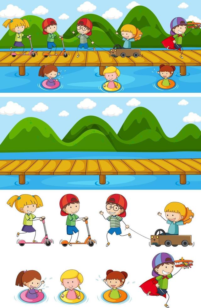 Conjunto de fondo de diferentes escenas con personaje de dibujos animados de niños doodle vector