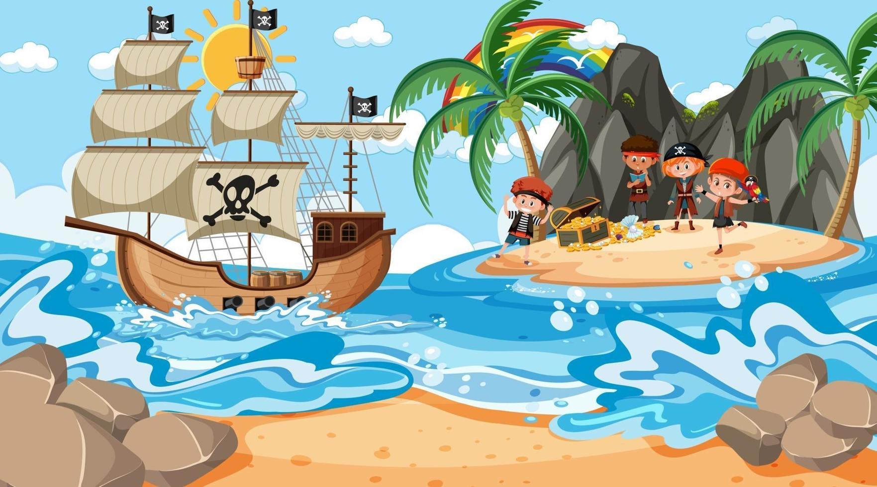 escena de la isla del tesoro durante el día con niños piratas vector