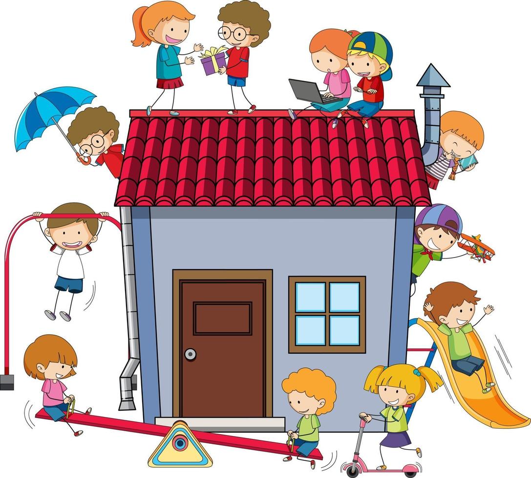 Many kids doing different activities around the house vector