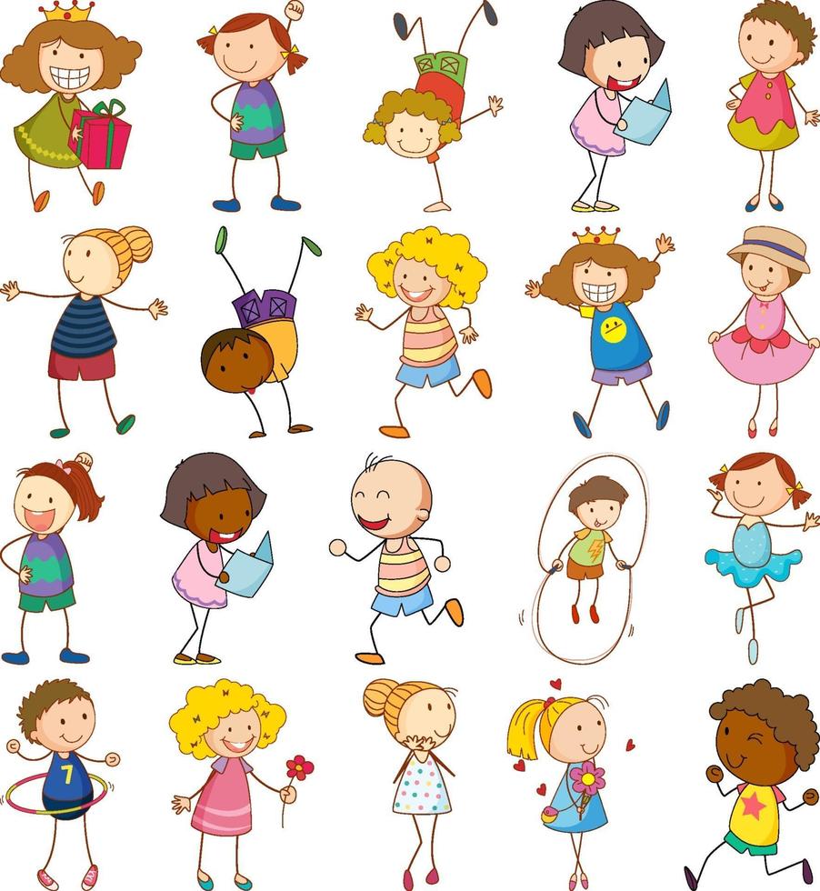 conjunto, de, diferente, garabato, niños, caricatura, carácter, aislado vector