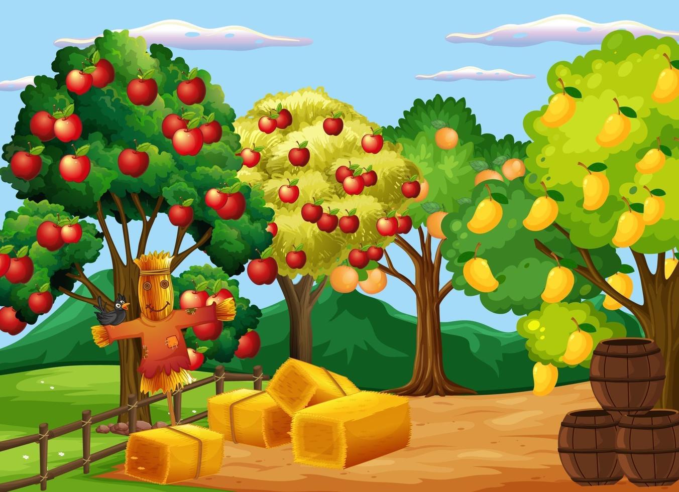 Escena de la granja con muchos árboles frutales diferentes durante el día. vector