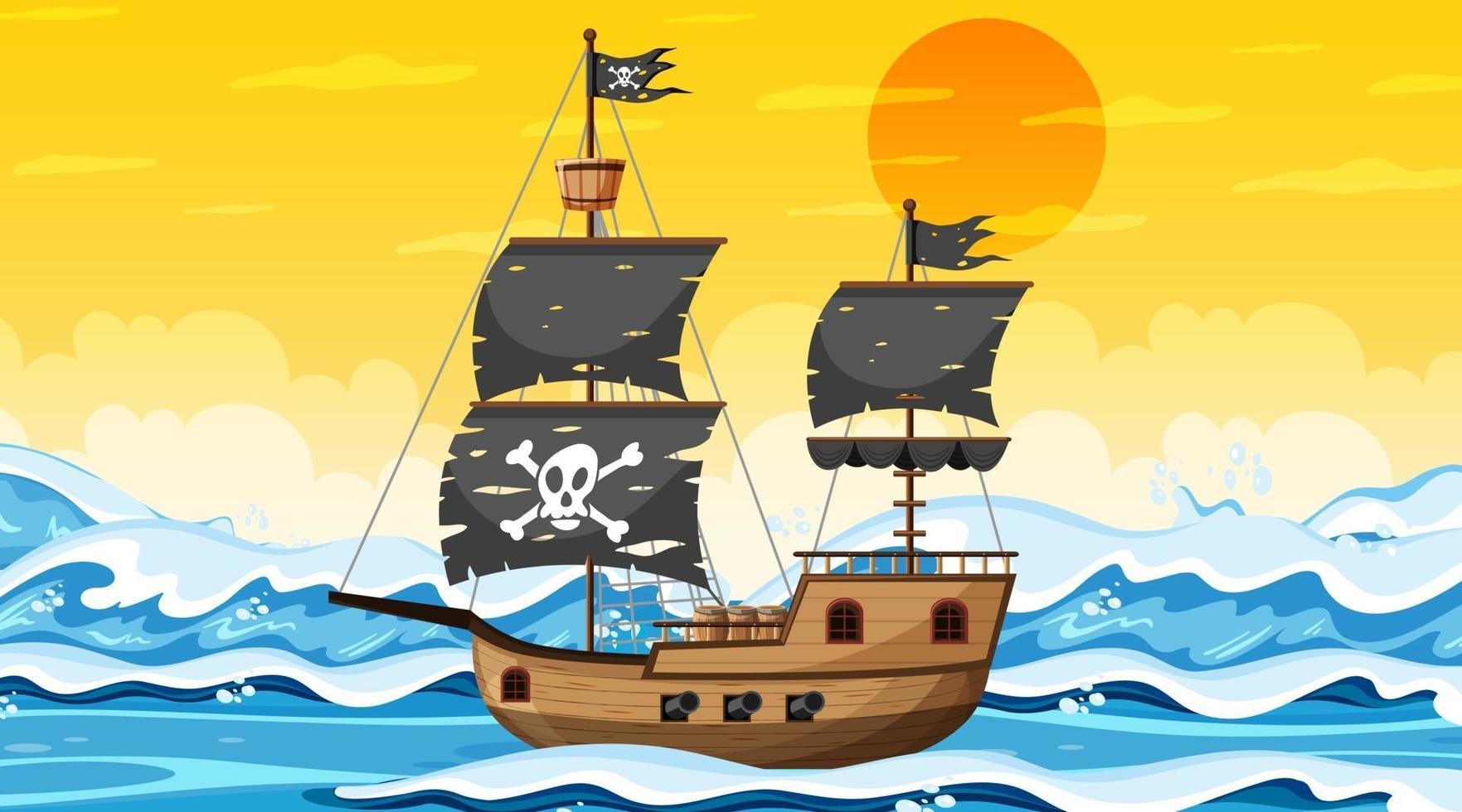 Ocean with Pirate ship at sunset time scene in cartoon style vector